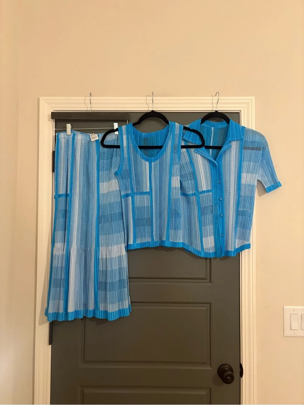 Pleats Please Issey Miyake 3 Piece Blue Mesh Pleated Set Pants Tank Cardigan